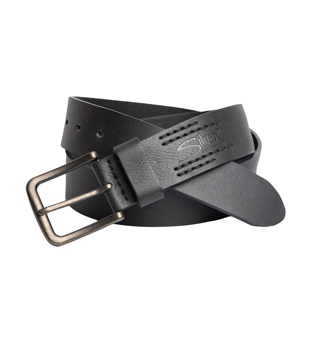 Silver Men's Black Belt with Stitch